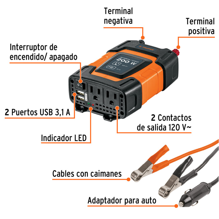 Inversor de corriente de 200 W con puertos USB, Truper 10448 INCO-200