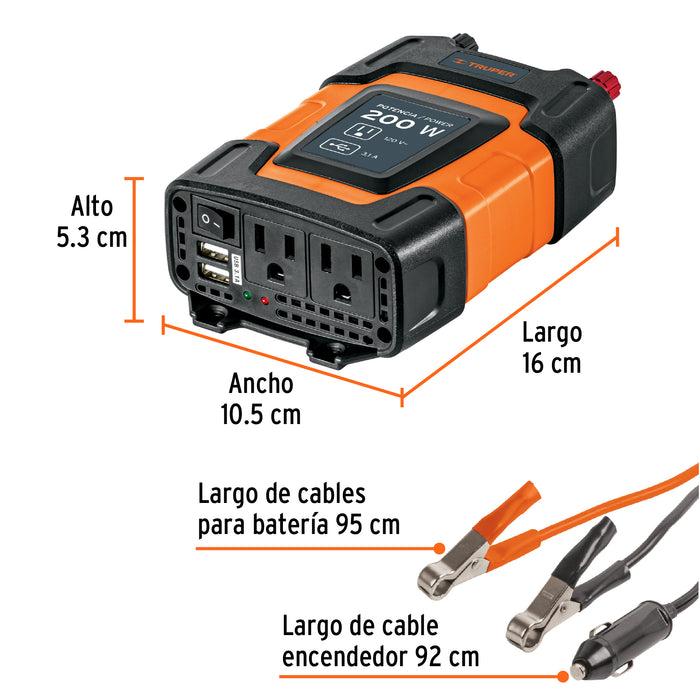 Inversor de corriente de 200 W con puertos USB, Truper 10448 INCO-200