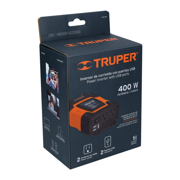 Inversor de corriente de 400 W con puertos USB, Truper 10449 INCO-400
