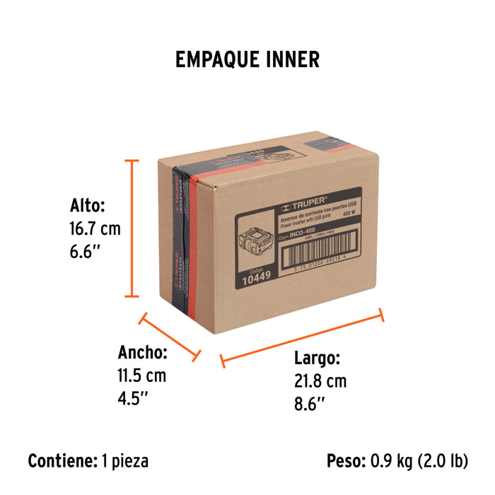Inversor de corriente de 400 W con puertos USB, Truper 10449 INCO-400