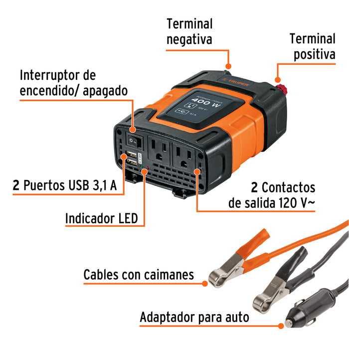 Inversor de corriente de 400 W con puertos USB, Truper 10449 INCO-400