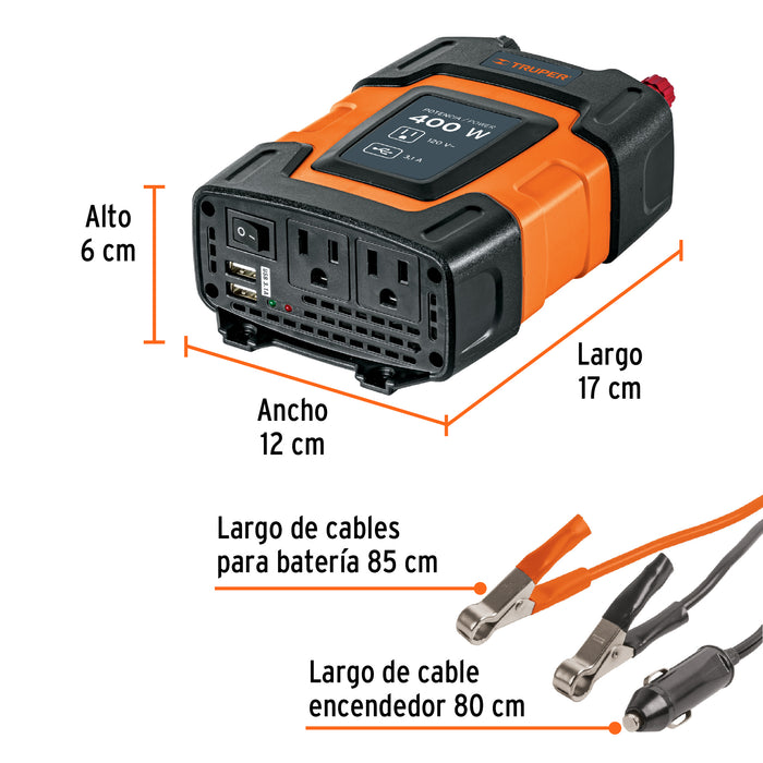 Inversor de corriente de 400 W con puertos USB, Truper 10449 INCO-400