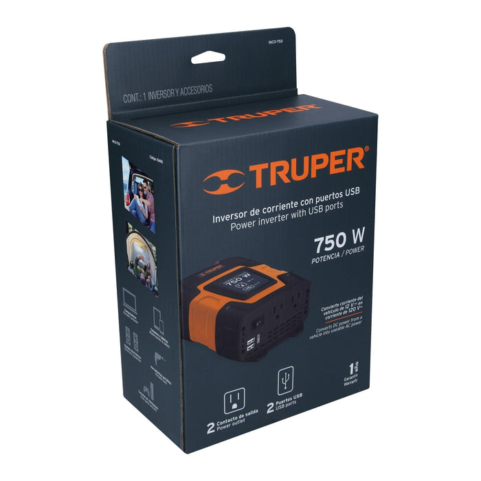 Inversor de corriente de 750 W con puertos USB, Truper 10490 INCO-750