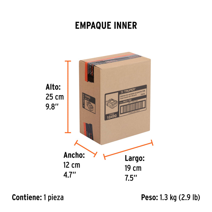 Inversor de corriente de 750 W con puertos USB, Truper 10490 INCO-750