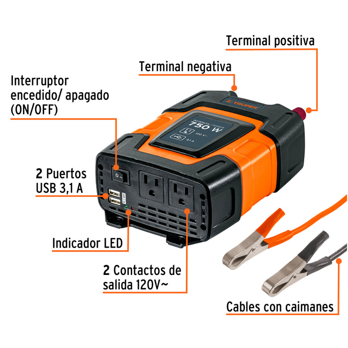Inversor de corriente de 750 W con puertos USB, Truper 10490 INCO-750