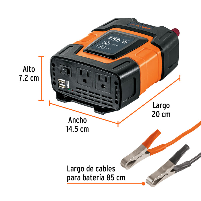 Inversor de corriente de 750 W con puertos USB, Truper 10490 INCO-750