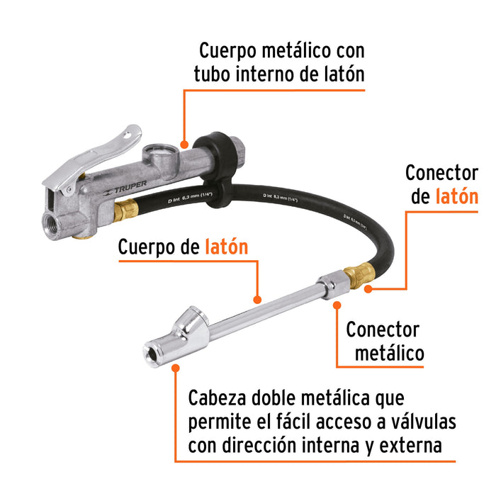 Inflador calibrador de cabeza doble, profesional,1/4' NPT 19028 INFCA