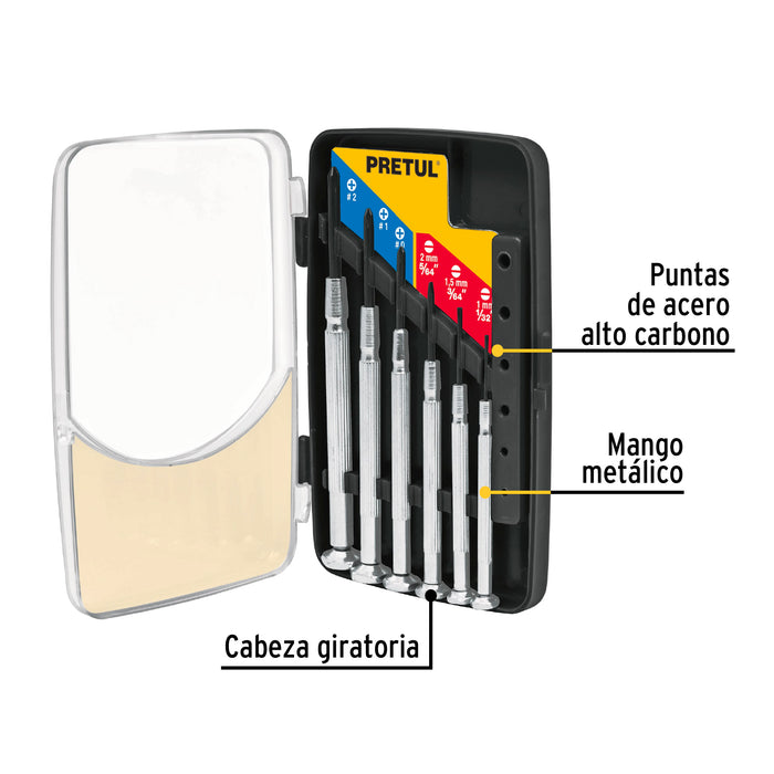 Juego con 6 desarmadores de precisión mango metálico, Pretul 21382 J-DEJ-6P
