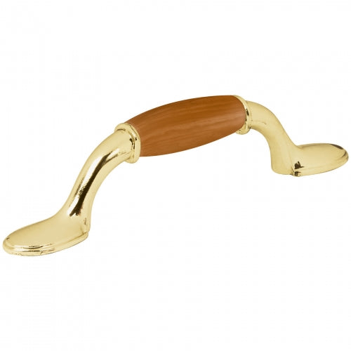 Jaladera metálica, 76mm latón brillante, inserto tipo madera 43832 JAL-0621