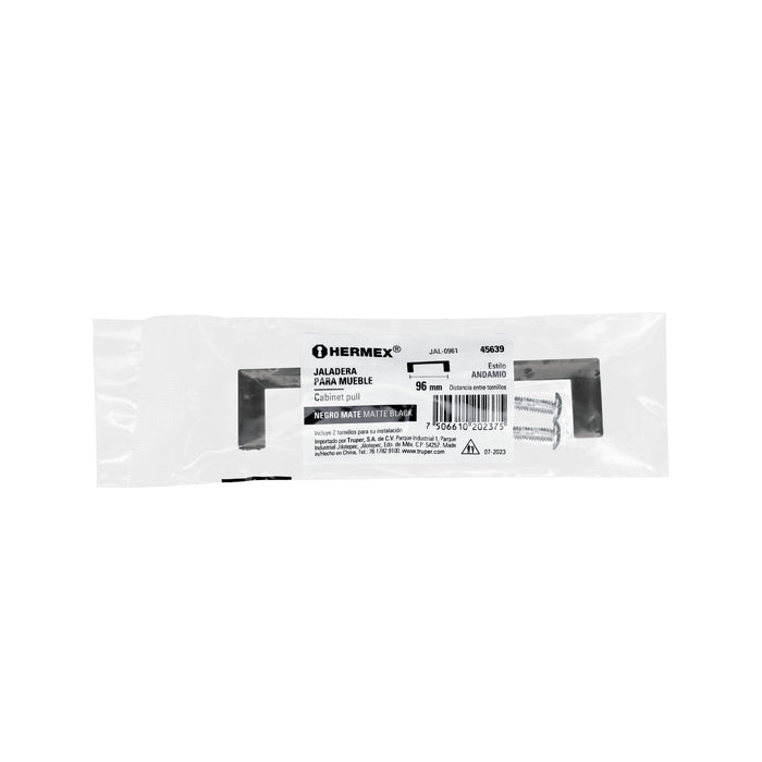 Jaladera de 96mm estilo 'Andamio' acabado negro, Hermex 45639