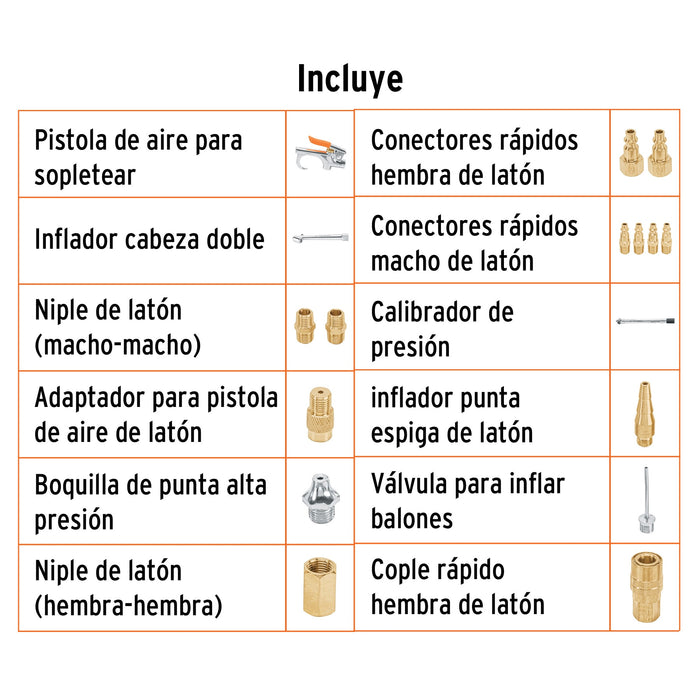 Juego de 17 piezas para compresor de aire, Truper 19022