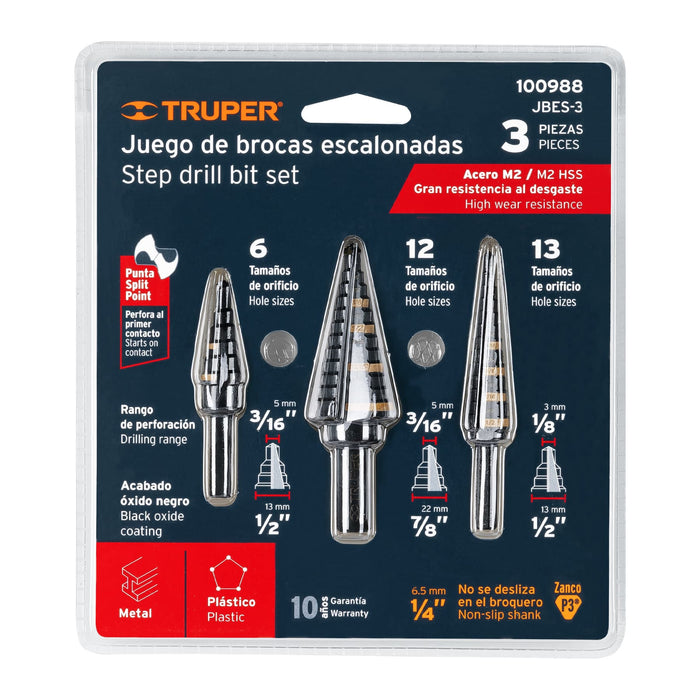 Juego de 3 brocas escalonadas de óxido negro, Truper 100988 JBES-3