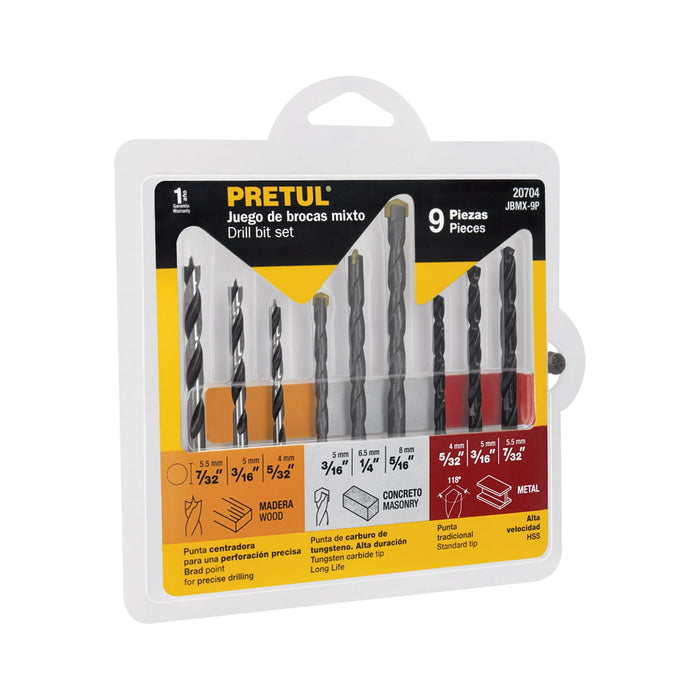 Juego de 9 brocas para metal, concreto y madera, Pretul 20704 JBMX-9P
