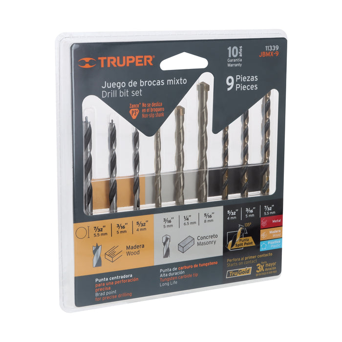 Juego de 9 brocas para metal, concreto y madera, Truper 11339 JBMX-9