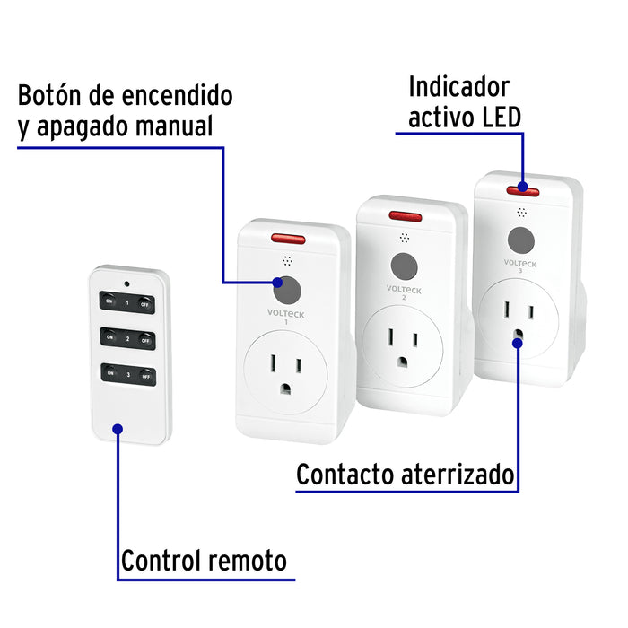 Juego de 3 Contactos con control remoto, Volteck 49489