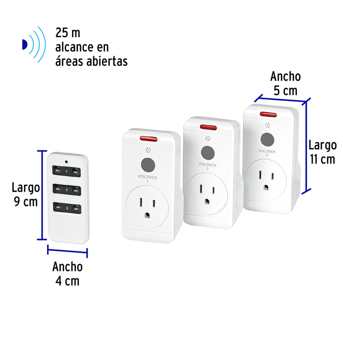 Juego de 3 Contactos con control remoto, Volteck 49489