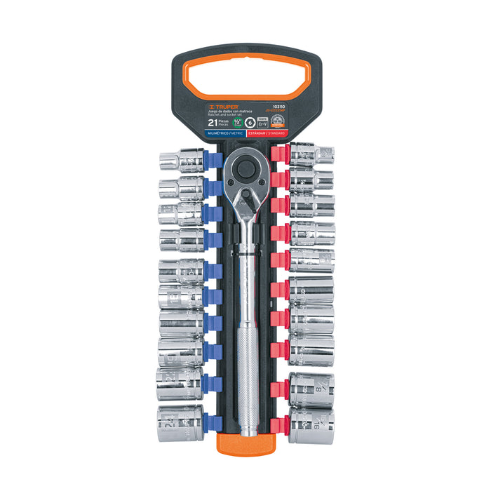 Juego de dados mm y std con matraca, cuadro 1/2', Truper Código: 103110