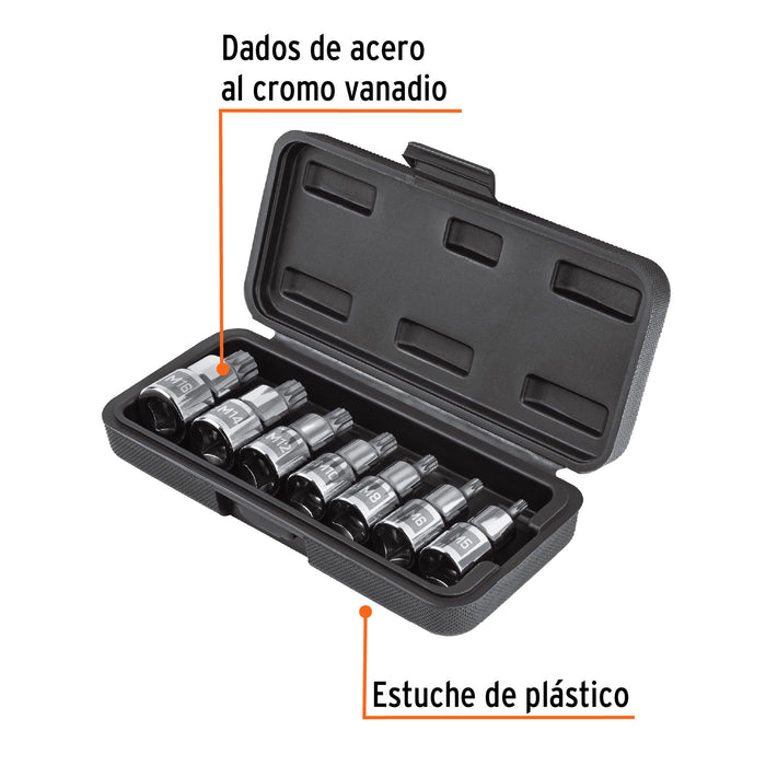 Juego de 7 dados cuadro 1/2' punta corta bristol, en estuche Código: 101305