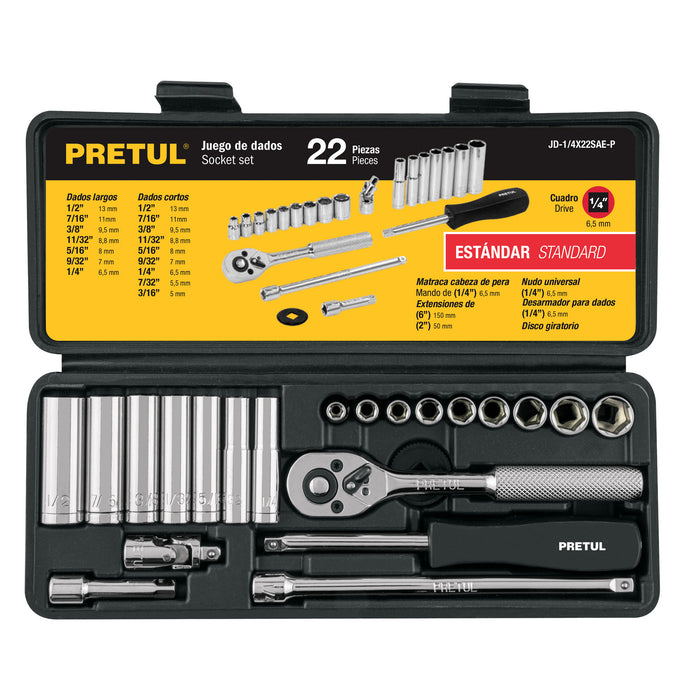 Juego de 22 herramientas 1/4' std para mecánico, Pretul Código: 23981