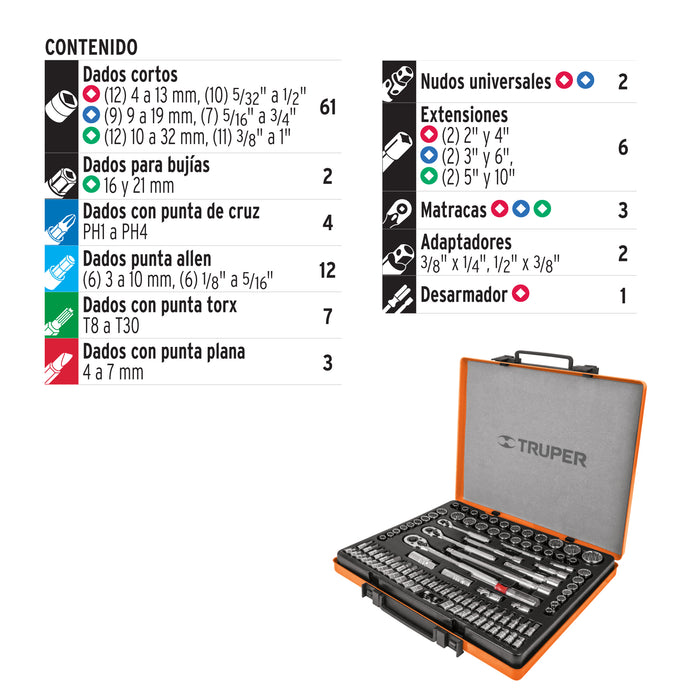 Juego 103 herramientas 1/4', 3/8' y 1/2' std y mm p/mecánico 12893 JD-103MP