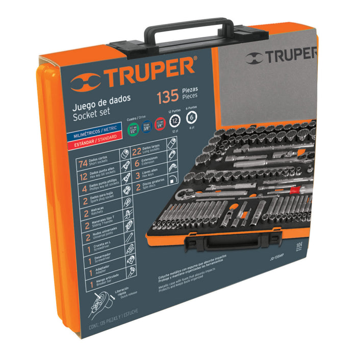 Juego 135 herramientas 1/4', 3/8' y 1/2' std y mm p/mecánico 13975 JD-135MP