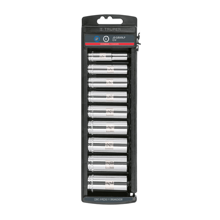 Juego de 9 dados largos cuadro 3/8' std, Truper Código: 14172