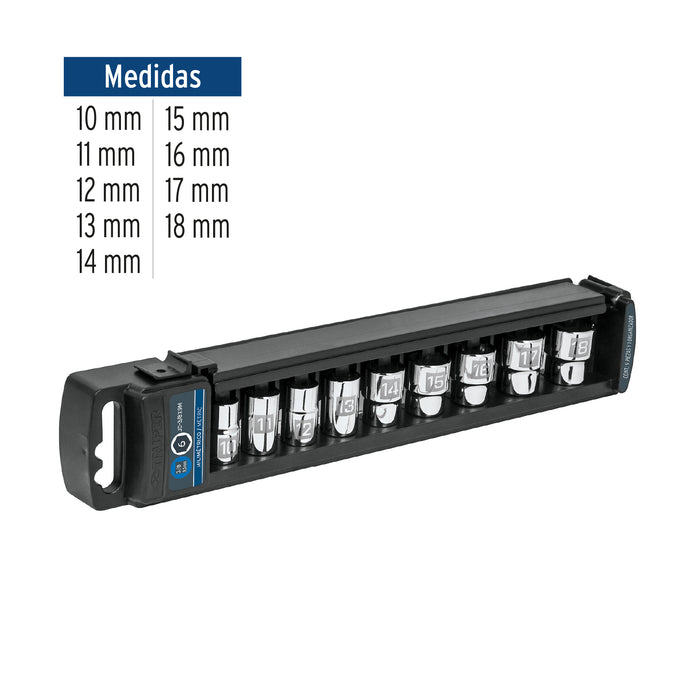 Juego de 9 dados cuadro 3/8' mm, Truper Código: 13952