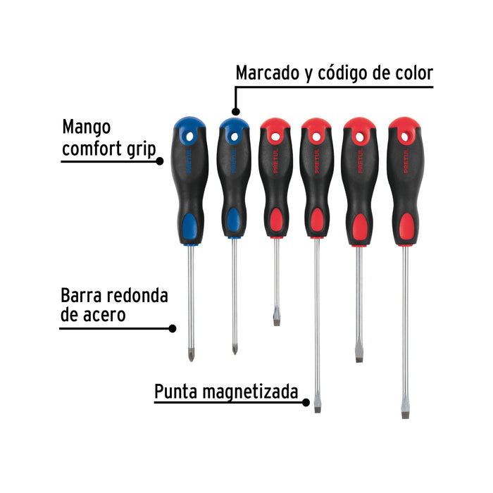 Juego de 6 desarmadores mango Comfort Grip, Pretul 20220 JD-6BP