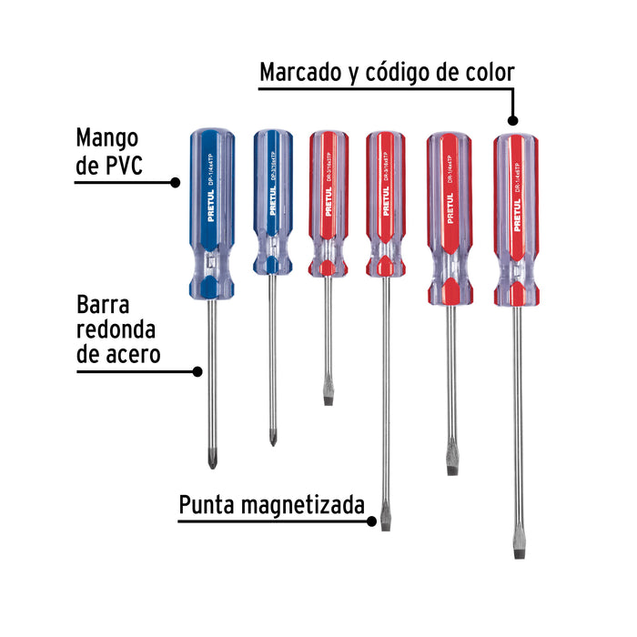 Juego de 6 desarmadores mango de PVC, Pretul 20214 JD-6TP