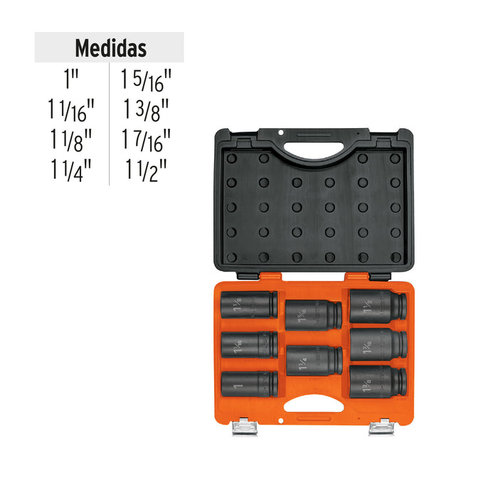 Juego de 8 dados largos cuadro 3/4' de impacto 6 puntas std Código: 100948