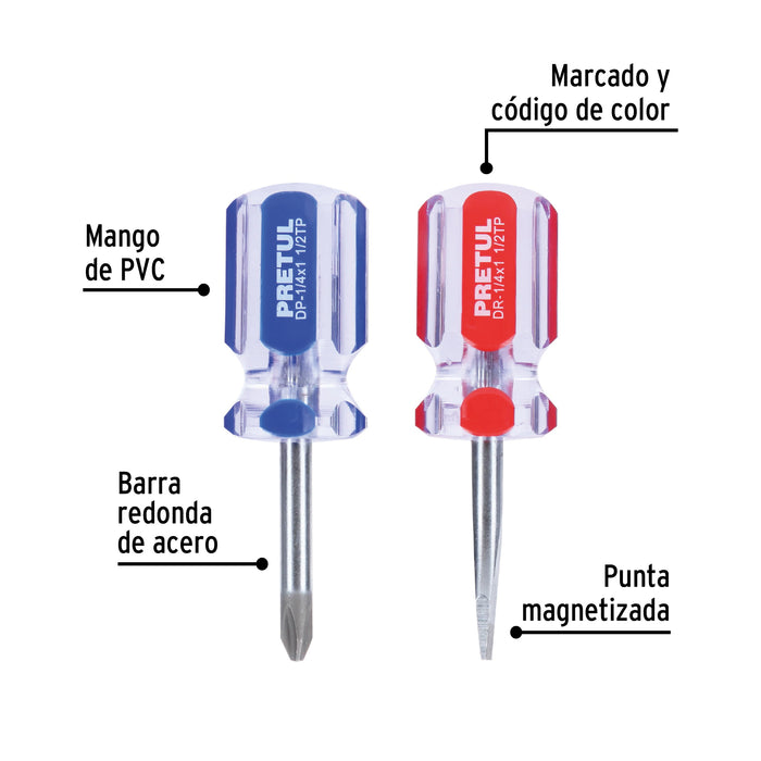 Dúo de desarmadores 1/4 x 1-1/2' mango de PVC, Pretul 21379 JDT-2TP