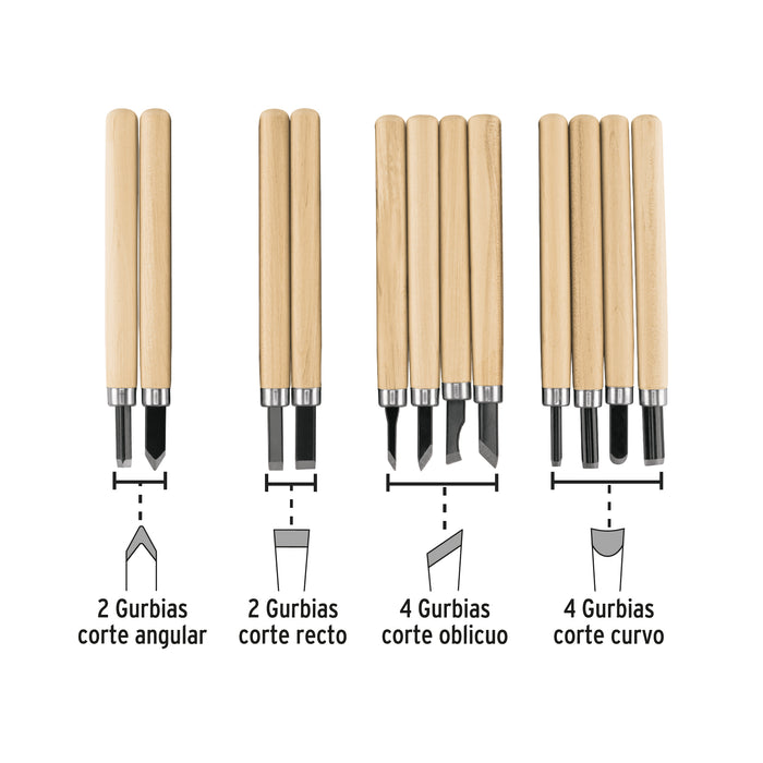 Juego de 12 gurbias escolares para madera, Pretul 26094 JGM-12P