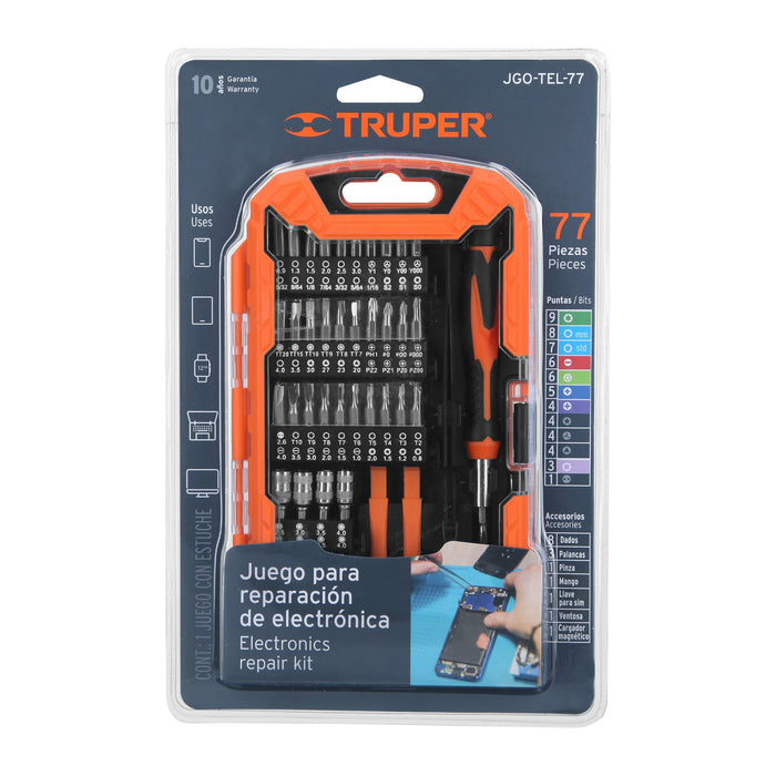 Juego de 77 piezas para reparación de electrónica, Truper 100373 JGO-TEL-77