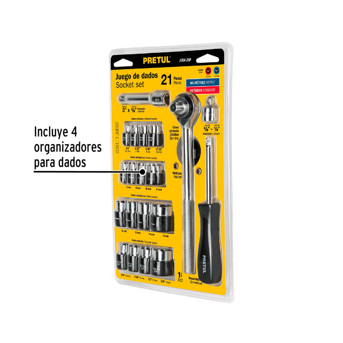 Juego de 21 herramientas 1/4' y 3/8' para mecánico, Pretul 21162 JUDA-25P