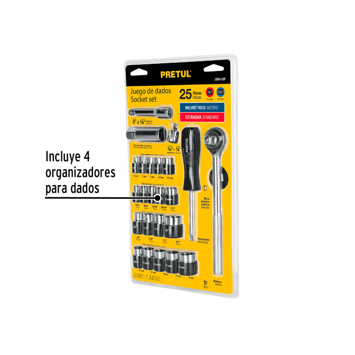 Juego de 25 herramientas 1/4' y 3/8' para mecánico, Pretul 23974 JUDA-29P