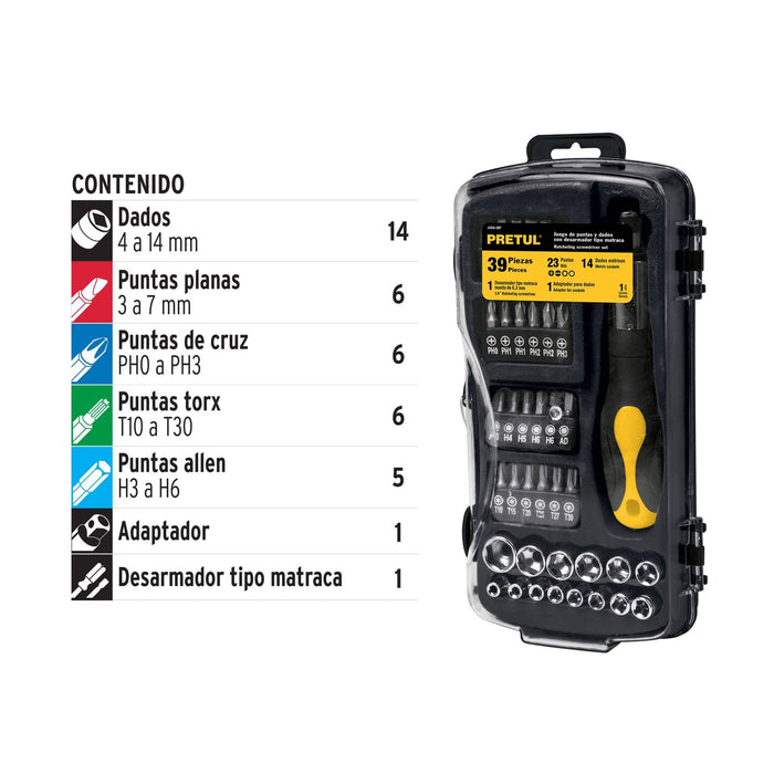 Juego de 39 herramientas 1/4' para mecánico, Pretul 23971 JUDA-39P