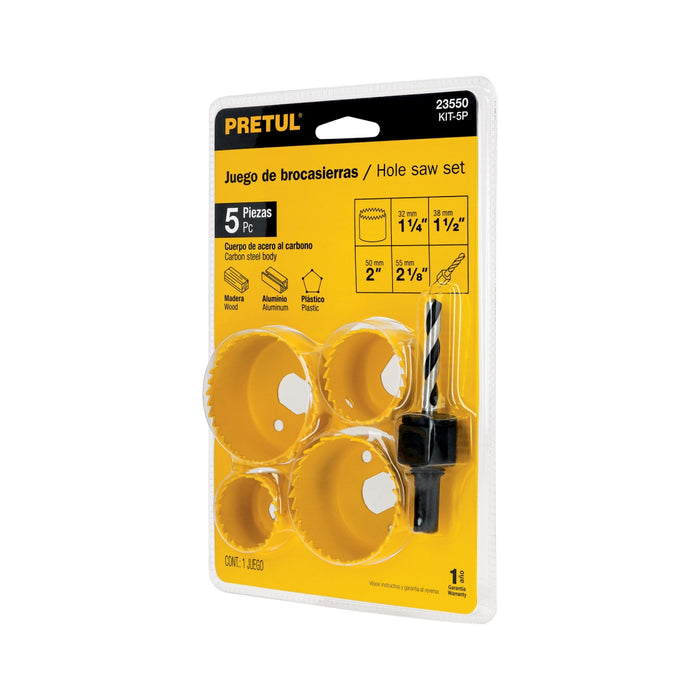 Juego de 4 brocasierras acero al carbono y 1 mandril, Pretul 23550 KIT-5P