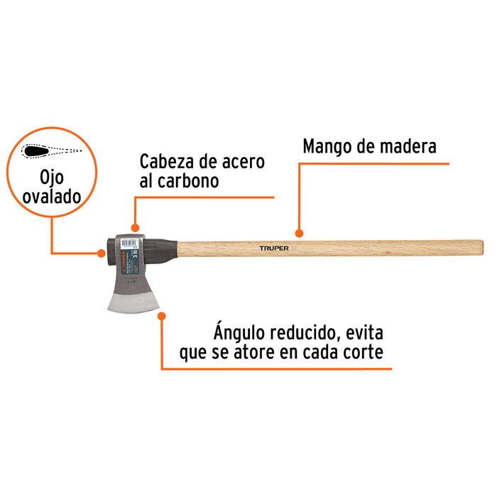 Hacha labor entera 3 lb con mango de madera de 36', Truper 102969 LE-3MM