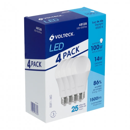 Pack de 4 lámparas LED A19 14 W (equiv. 100 W), luz de día 48128 LED-100FX4