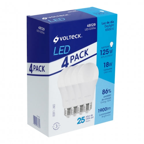 Pack de 4 lámparas LED A19 18 W (equiv. 125 W), luz de día 48129 LED-125FX4