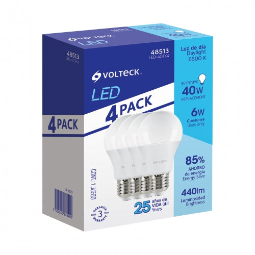 Pack de 4 lámparas LED A19 6 W (equiv. 40 W), luz de día 48513 LED-40FX4
