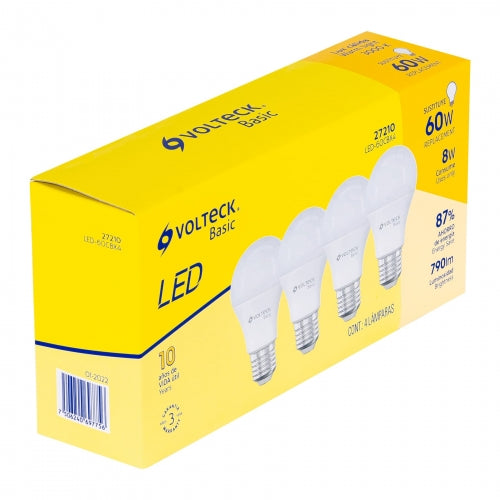 Pack de 4 lámparas LED A19 8 W (equiv. 60 W), luz cálida 27210 LED-60CBX4