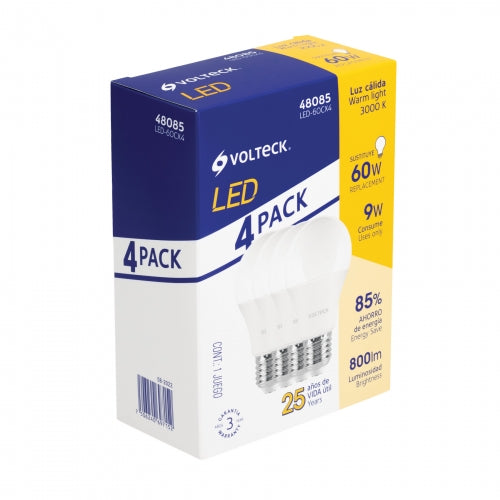 Pack de 4 lámparas LED A19 9 W (equiv. 60 W), luz cálida 48085 LED-60CX4