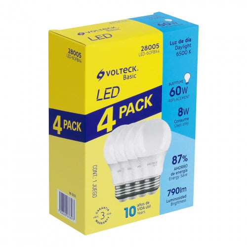 Pack de 4 lámparas LED A19 8 W (equiv. 60 W), luz de día 28005 LED-60FBX4