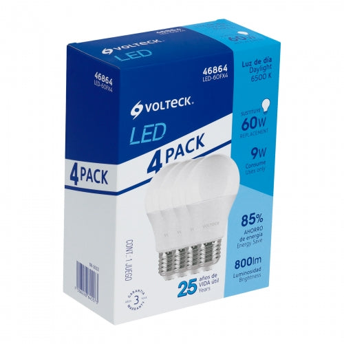 Pack de 4 lámparas LED A19 9 W (equiv. 60 W), luz de día 46864 LED-60FX4