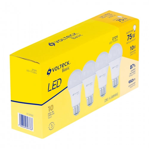 Pack de 4 lámparas LED A19 10 W (equiv. 75 W), luz cálida 27211 LED-75CBX4