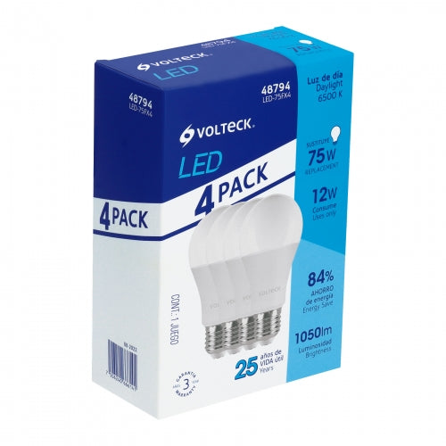 Pack de 4 lámparas LED A19 12 W (equiv. 75 W), luz de día 48794 LED-75FX4