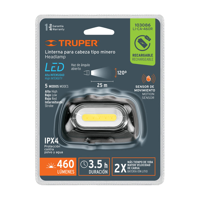 Linterna de minero 460 lm recargable con sensor, Truper Código: 103086
