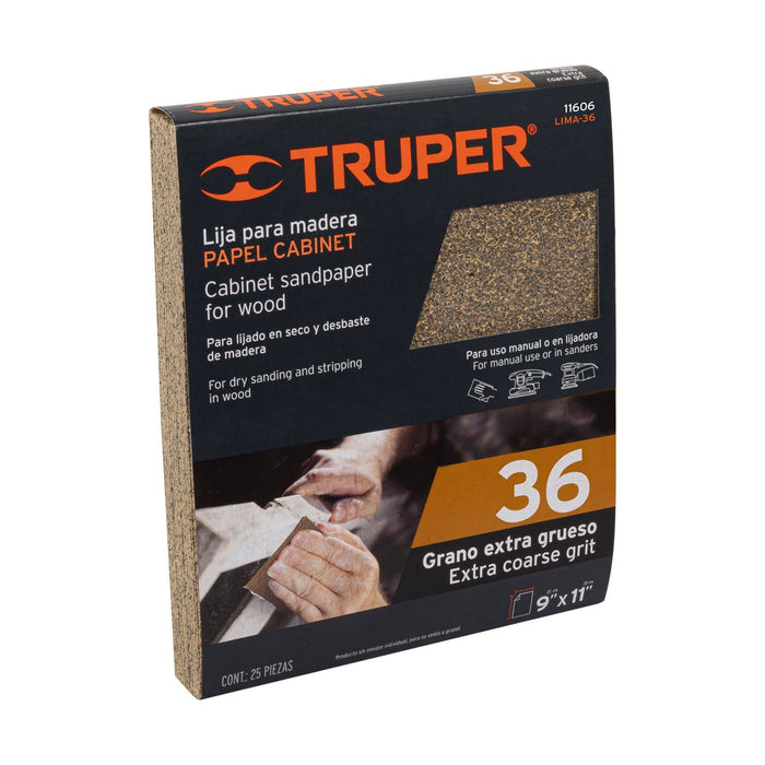 Lija para madera papel cabinet, grano 36, Truper 11606 LIMA-36