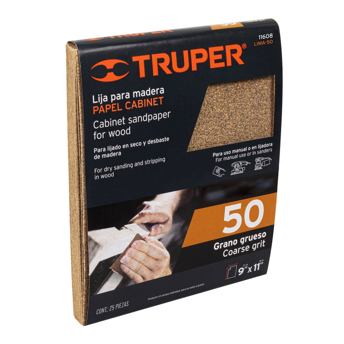 Lija para madera papel cabinet, grano 50, Truper 11608 LIMA-50